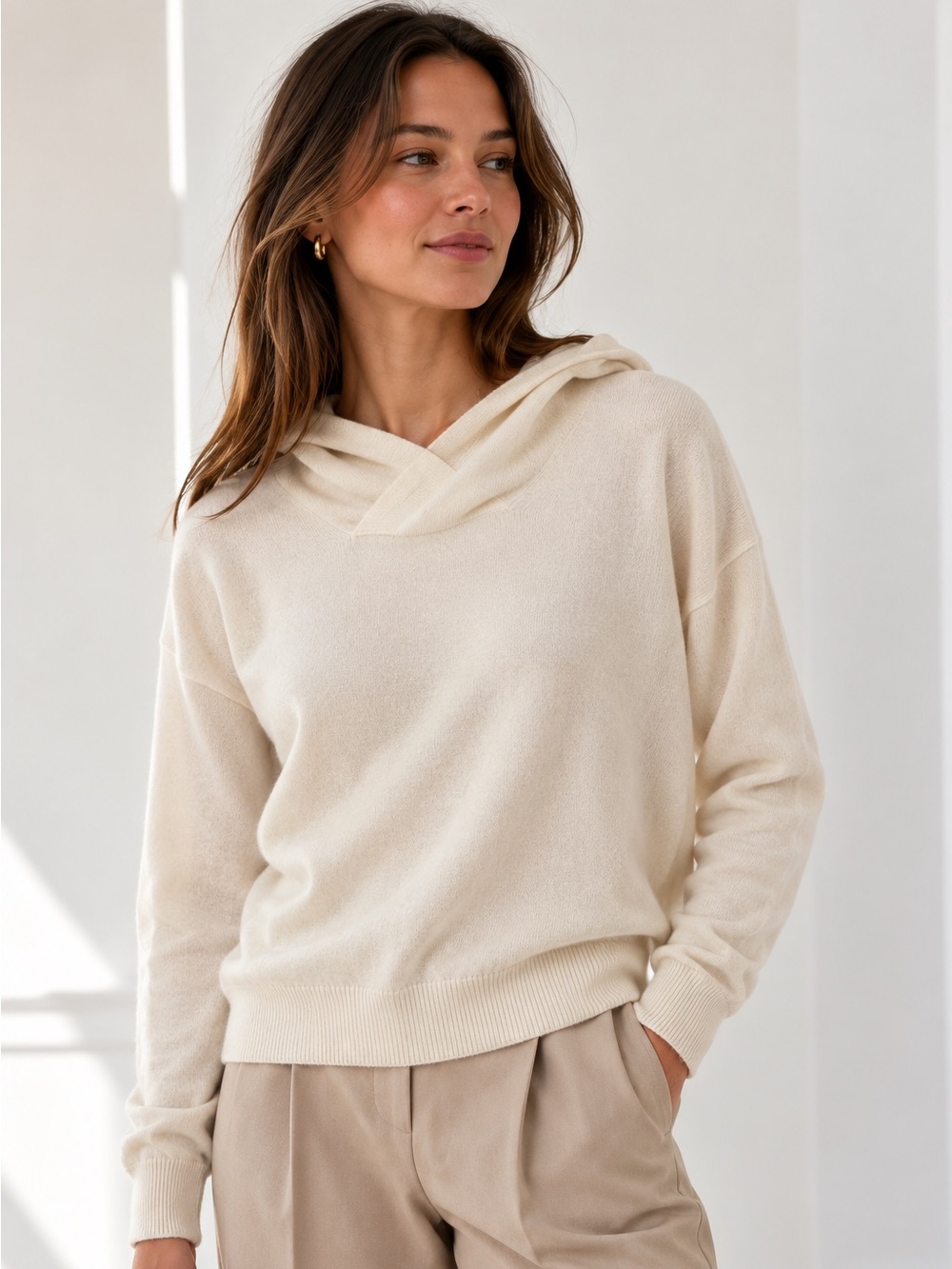 Vince Cashmere Wool Crossover Hooded Sweater Cream Sz Medium